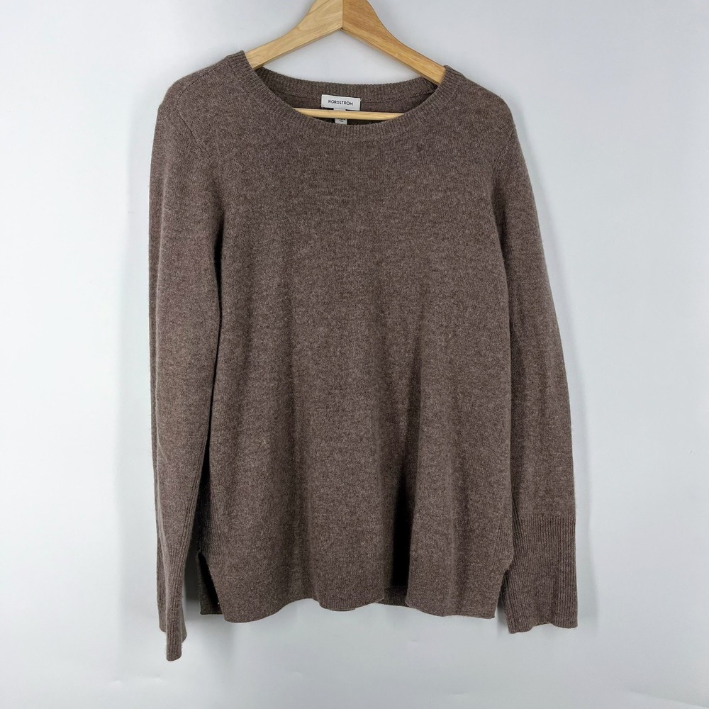 Nordstrom Mens‎ Crewneck Sweater Heather Brown Knit Long Sleeve Side Slit Hem